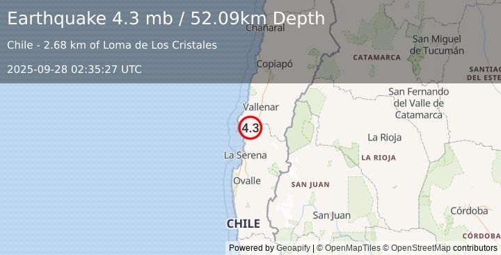 Earthquake 71 km SSW of Vallenar, Chile (4.3 mb) (2025-09-28 02:35:27 UTC)