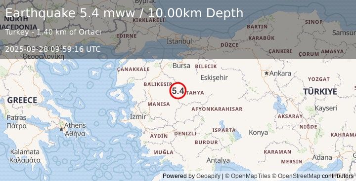 Earthquake 26 km NNW of Simav, Turkey (5.4 mww) (2025-09-28 09:59:16 UTC)