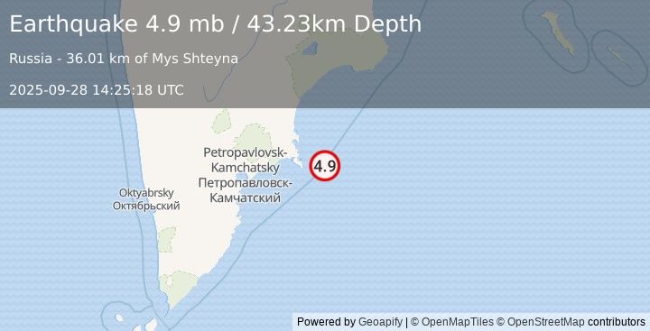 Earthquake 131 km E of Petropavlovsk-Kamchatsky, Russia (4.9 mb) (2025-09-28 14:25:18 UTC)