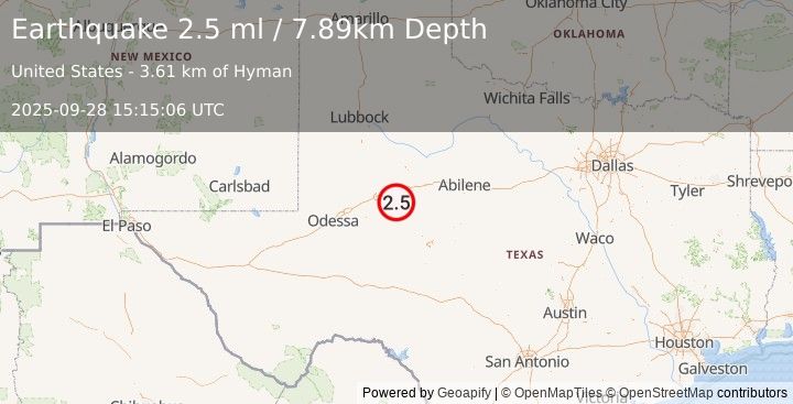 Earthquake 23 km SSW of Westbrook, Texas (2.5 ml) (2025-09-28 15:15:06 UTC)