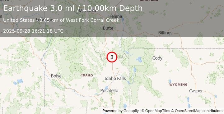 Earthquake 24 km NNW of Spencer, Idaho (3.0 ml) (2025-09-28 16:21:18 UTC)