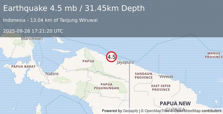 Earthquake 110 km WNW of Abepura, Indonesia (4.5 mb) (2025-09-28 17:21:20 UTC)