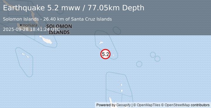 Earthquake 107 km SSE of Lata, Solomon Islands (5.2 mww) (2025-09-28 18:41:24 UTC)