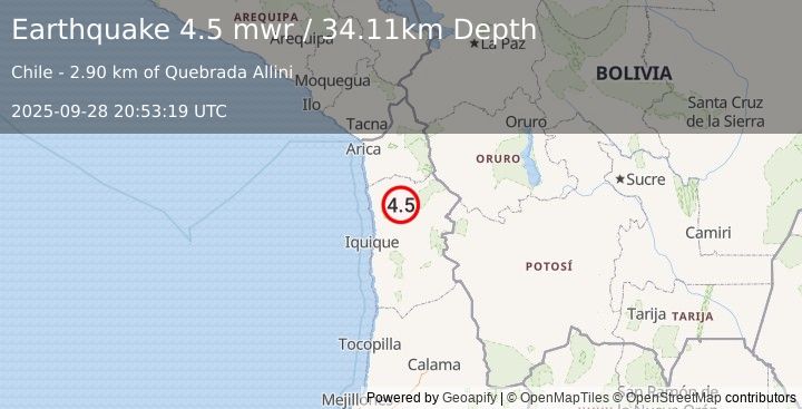 Earthquake 28 km SW of Camiña, Chile (4.5 mwr) (2025-09-28 20:53:19 UTC)