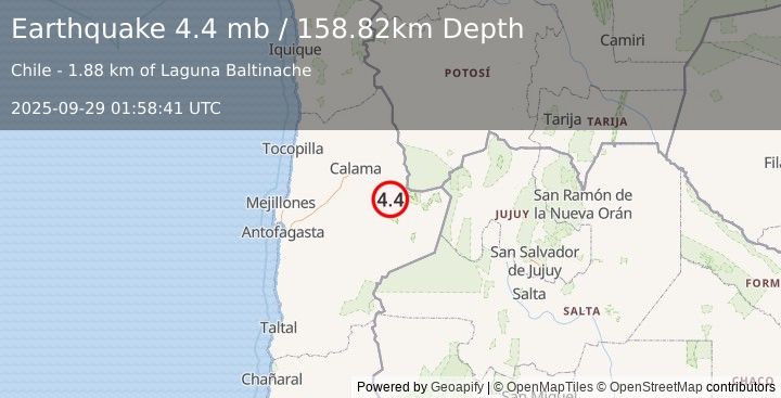 Earthquake 14 km S of San Pedro de Atacama, Chile (4.4 mb) (2025-09-29 01:58:41 UTC)
