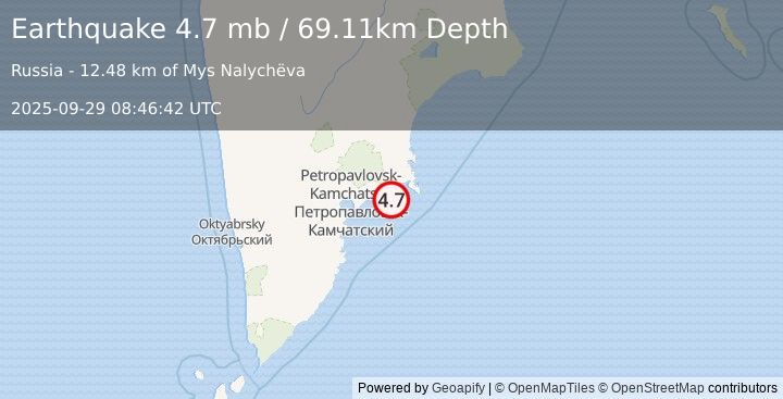 Earthquake 56 km E of Petropavlovsk-Kamchatsky, Russia (4.7 mb) (2025-09-29 08:46:42 UTC)