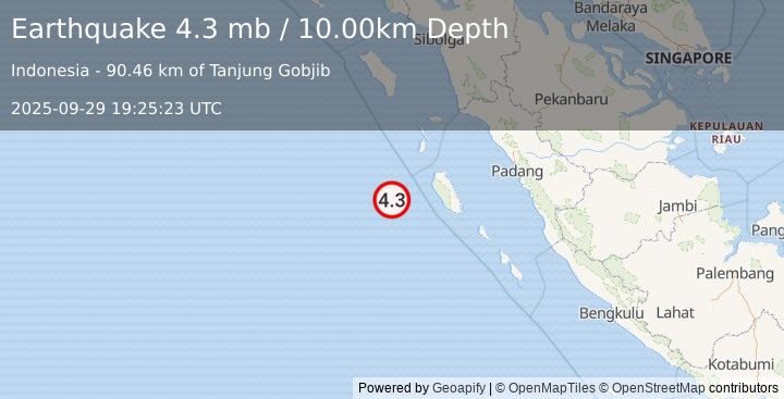 Earthquake 203 km WNW of Tuapejat, Indonesia (4.3 mb) (2025-09-29 19:25:23 UTC)
