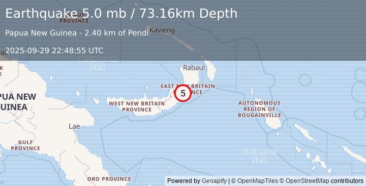 Earthquake 123 km SSW of Kokopo, Papua New Guinea (5.0 mb) (2025-09-29 22:48:55 UTC)