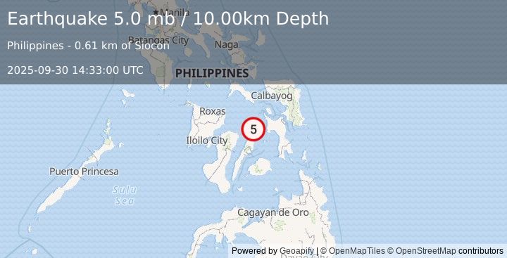 Earthquake 0 km ENE of Libertad, Philippines (5.0 mb) (2025-09-30 14:33:00 UTC)