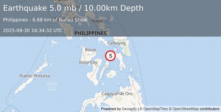 Earthquake 15 km ESE of Calape, Philippines (5.0 mb) (2025-09-30 16:34:32 UTC)