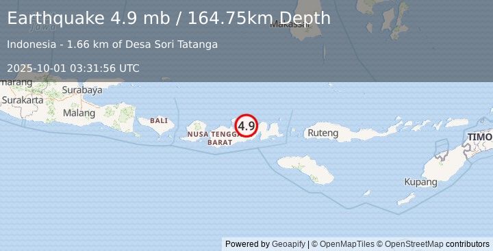 Earthquake 52 km WNW of Dompu, Indonesia (4.9 mb) (2025-10-01 03:31:56 UTC)