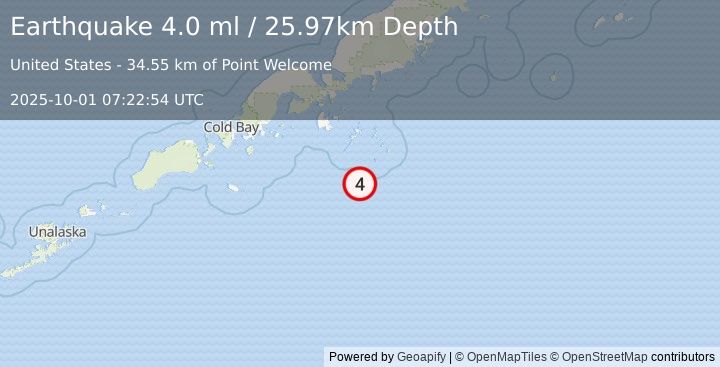 Earthquake 102 km SSE of Sand Point, Alaska (4.0 ml) (2025-10-01 07:22:54 UTC)