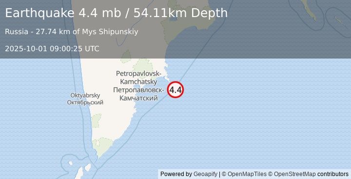 Earthquake 114 km E of Petropavlovsk-Kamchatsky, Russia (4.4 mb) (2025-10-01 09:00:25 UTC)