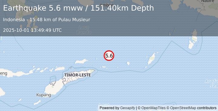Earthquake 197 km NE of Lospalos, Timor Leste (5.6 mww) (2025-10-01 13:49:49 UTC)