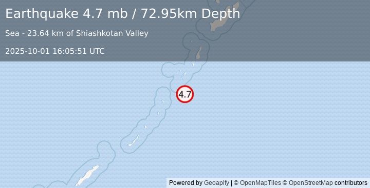 Earthquake 299 km SSW of Severo-Kuril’sk, Russia (4.7 mb) (2025-10-01 16:05:51 UTC)