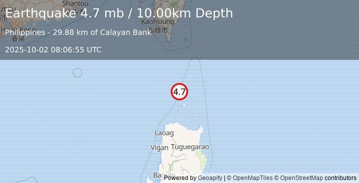 Earthquake 94 km SW of Basco, Philippines (4.7 mb) (2025-10-02 08:06:55 UTC)