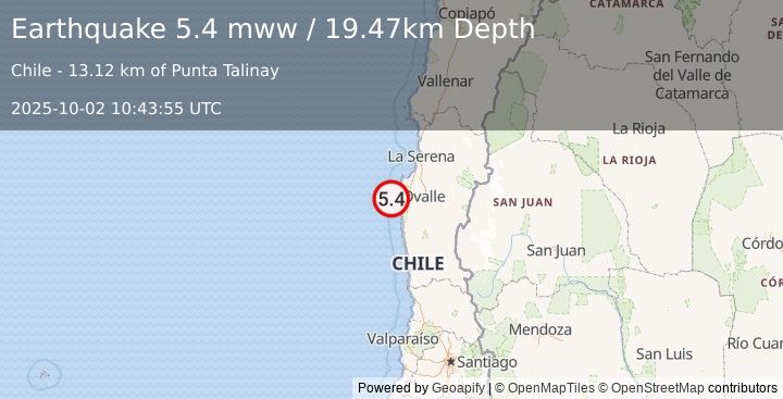 Earthquake 62 km W of Ovalle, Chile (5.4 mww) (2025-10-02 10:43:55 UTC)