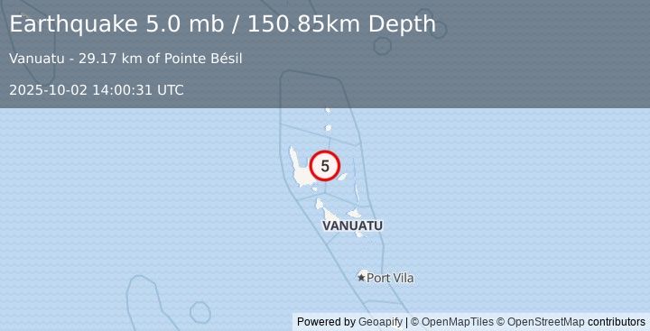 Earthquake 39 km ESE of Port-Olry, Vanuatu (5.0 mb) (2025-10-02 14:00:31 UTC)