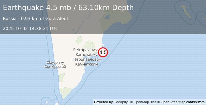 Earthquake 87 km E of Petropavlovsk-Kamchatsky, Russia (4.5 mb) (2025-10-02 14:38:21 UTC)