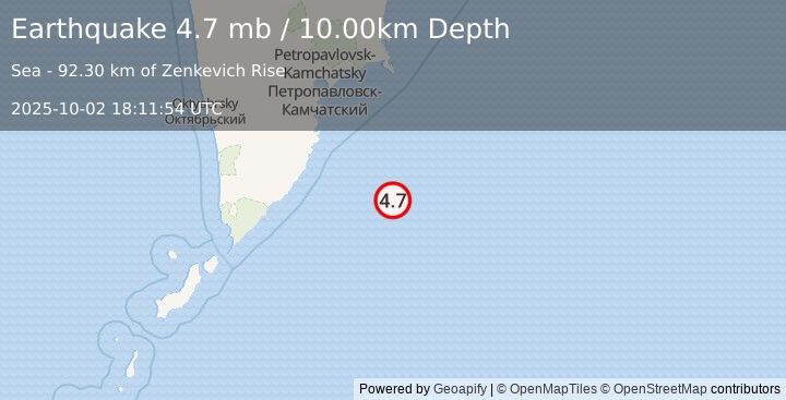 Earthquake 188 km SE of Vilyuchinsk, Russia (4.7 mb) (2025-10-02 18:11:54 UTC)