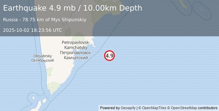 Earthquake 168 km ESE of Petropavlovsk-Kamchatsky, Russia (4.9 mb) (2025-10-02 18:23:56 UTC)