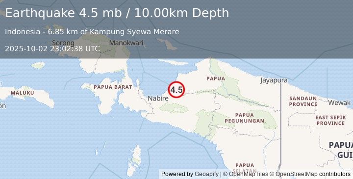 Earthquake 101 km ENE of Nabire, Indonesia (4.5 mb) (2025-10-02 23:02:38 UTC)