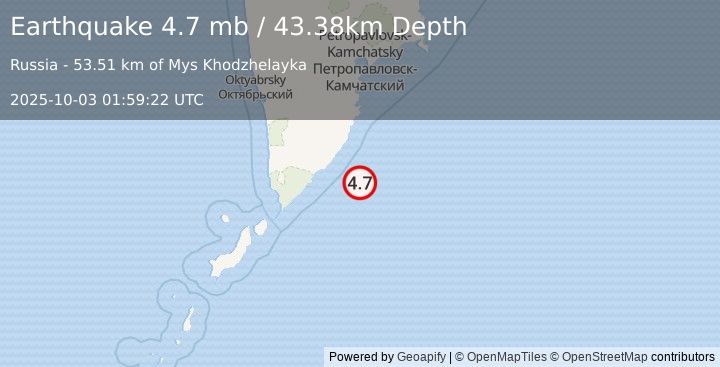 Earthquake 142 km E of Ozernovskiy, Russia (4.7 mb) (2025-10-03 01:59:22 UTC)
