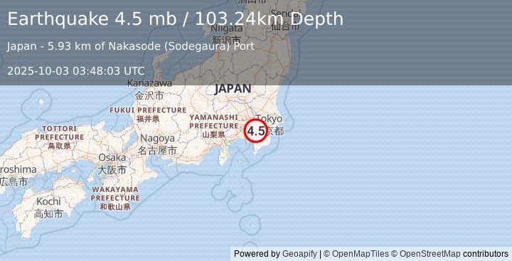 Earthquake 12 km W of Ichihara, Japan (4.5 mb) (2025-10-03 03:48:03 UTC)