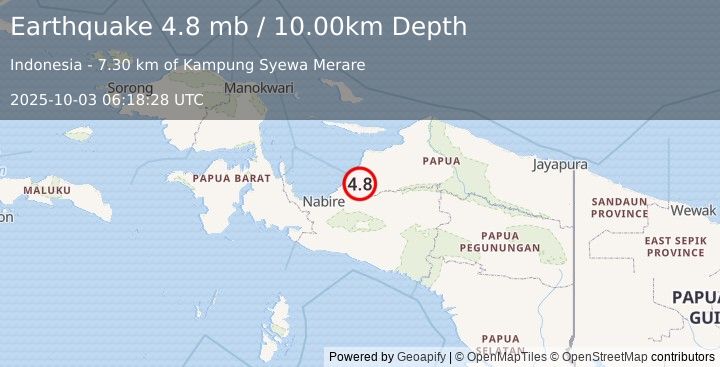 Earthquake 98 km ENE of Nabire, Indonesia (4.8 mb) (2025-10-03 06:18:28 UTC)