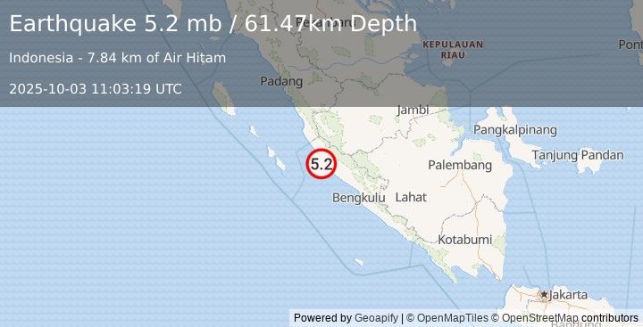 Earthquake 100 km S of Sungai Penuh, Indonesia (5.2 mb) (2025-10-03 11:03:19 UTC)