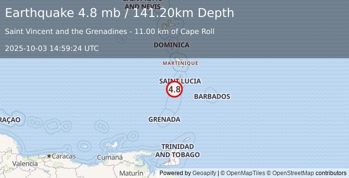 Earthquake 19 km N of Chateaubelair, Saint Vincent and the Grenadines (4.8 mb) (2025-10-03 14:59:24 UTC)