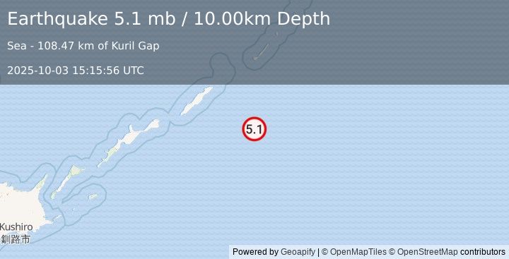 Earthquake 277 km E of Kuril’sk, Russia (5.1 mb) (2025-10-03 15:16:02 UTC)