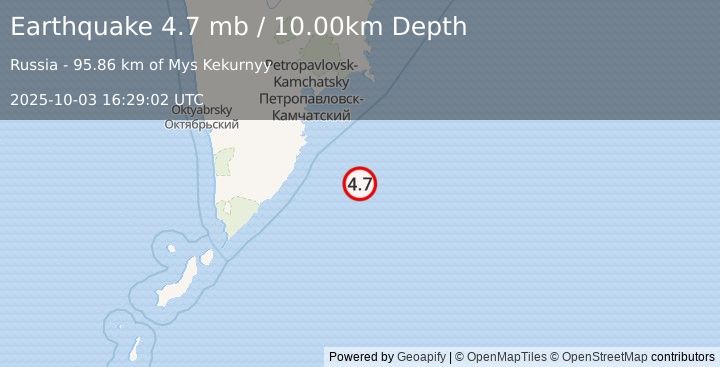 Earthquake 157 km SE of Vilyuchinsk, Russia (4.7 mb) (2025-10-03 16:29:02 UTC)