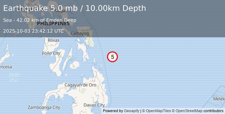 Earthquake 104 km ENE of Santa Monica, Philippines (5.0 mb) (2025-10-03 23:42:12 UTC)