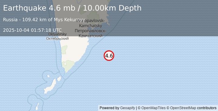 Earthquake 165 km SE of Vilyuchinsk, Russia (4.6 mb) (2025-10-04 01:57:18 UTC)