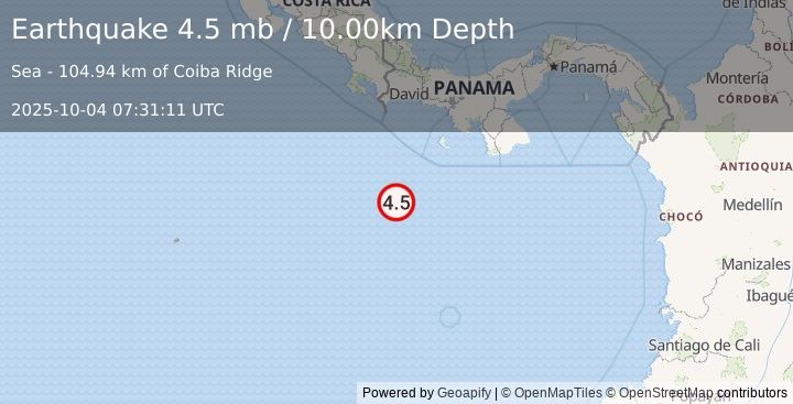 Earthquake 193 km S of Burica, Panama (4.5 mb) (2025-10-04 07:31:11 UTC)