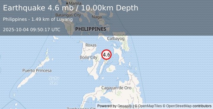 Earthquake 2 km ESE of Maravilla, Philippines (4.6 mb) (2025-10-04 09:50:17 UTC)
