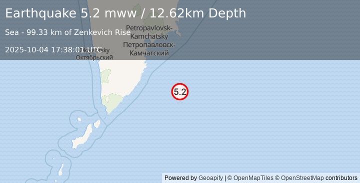 Earthquake 180 km SE of Vilyuchinsk, Russia (5.2 mww) (2025-10-04 17:38:01 UTC)
