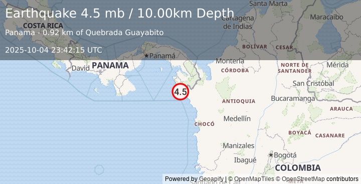 Earthquake 18 km SE of Jaqué, Panama (4.5 mb) (2025-10-04 23:42:15 UTC)