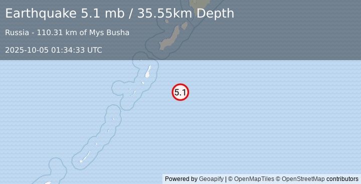 Earthquake 201 km S of Severo-Kuril’sk, Russia (5.1 mb) (2025-10-05 01:34:33 UTC)