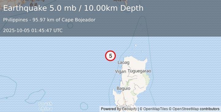 Earthquake 97 km W of Davila, Philippines (5.0 mb) (2025-10-05 01:45:47 UTC)