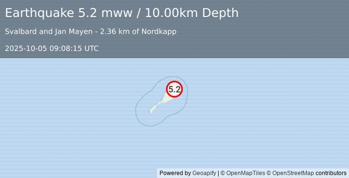 Earthquake 40 km NE of Olonkinbyen, Svalbard and Jan Mayen (5.2 mww) (2025-10-05 09:08:15 UTC)