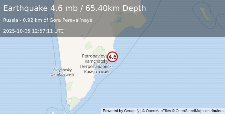 Earthquake 81 km ENE of Petropavlovsk-Kamchatsky, Russia (4.6 mb) (2025-10-05 12:57:11 UTC)