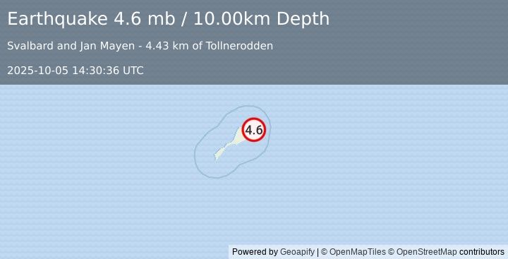 Earthquake 39 km NE of Olonkinbyen, Svalbard and Jan Mayen (4.6 mb) (2025-10-05 14:30:36 UTC)