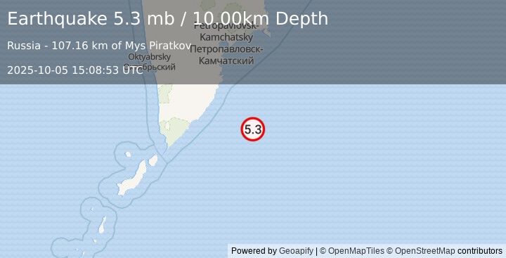 Earthquake 189 km SSE of Vilyuchinsk, Russia (5.3 mb) (2025-10-05 15:08:53 UTC)