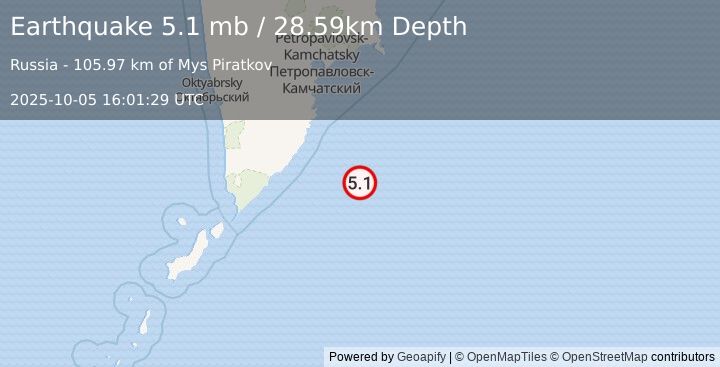 Earthquake 186 km SSE of Vilyuchinsk, Russia (5.1 mb) (2025-10-05 16:01:29 UTC)