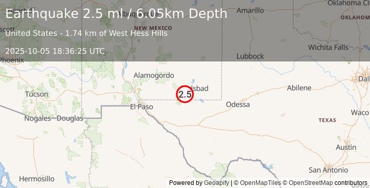 Earthquake 24 km W of Whites City, New Mexico (2.5 ml) (2025-10-05 18:36:25 UTC)