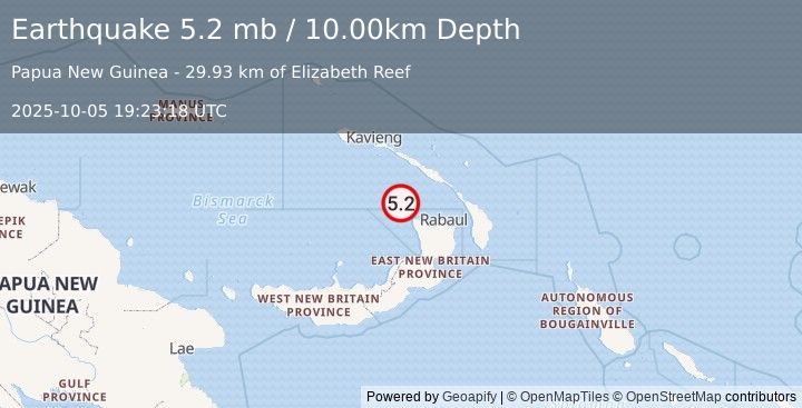 Earthquake 98 km WNW of Rabaul, Papua New Guinea (5.2 mb) (2025-10-05 19:23:18 UTC)