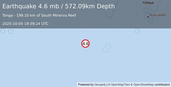 Earthquake south of the Fiji Islands (4.6 mb) (2025-10-05 19:39:24 UTC)