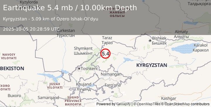 Earthquake 45 km NNE of Kanysh-Kyya, Kyrgyzstan (5.4 mb) (2025-10-05 20:28:59 UTC)